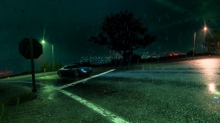 Porsche 718 on a rainy night in NFS Heat