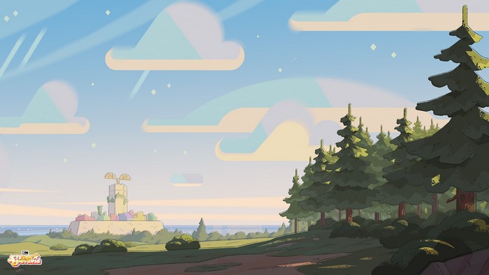 Steven Universe landscape with temple and forest