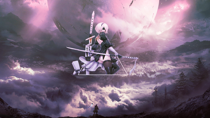 2B from Nier: Automata with swords in a misty landscape