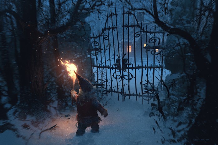 Gnome with torch at snowy gates at night