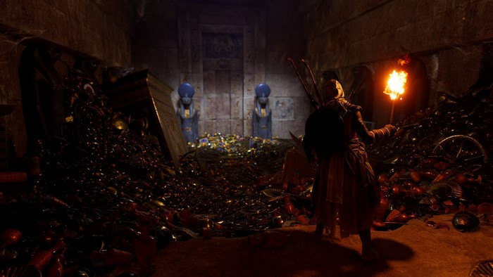 Bayek from Assassin's Creed: Origins in a treasure room