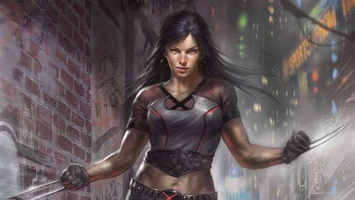 Female Wolverine with Claws in City Alley