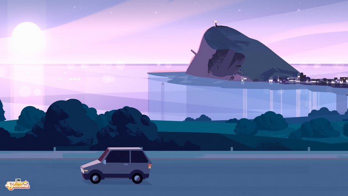 Steven Universe car driving by the ocean at sunset