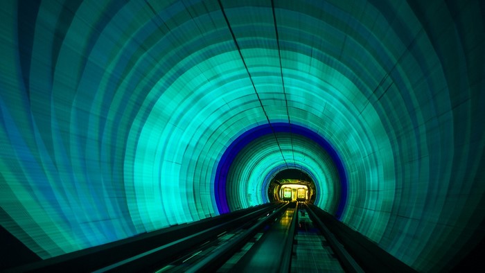 Train in a colorful subway tunnel in Singapore