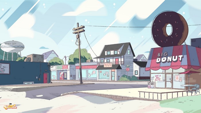 Beach City street with Big Donut shop and water tower
