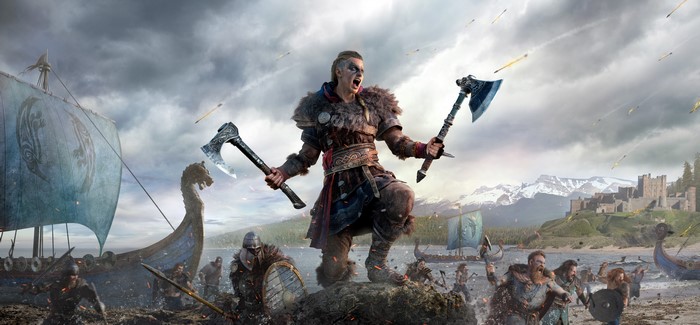 Eivor from Assassin's Creed Valhalla with axes and Vikings
