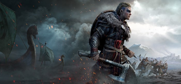 Eivor from Assassin's Creed Valhalla with Viking longships
