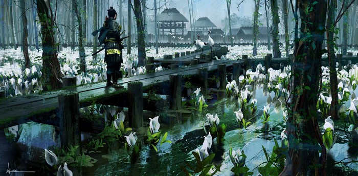 Ronin on a wooden walkway in Ghost of Tsushima