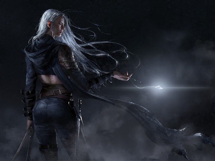 Woman with white hair holding a glowing object
