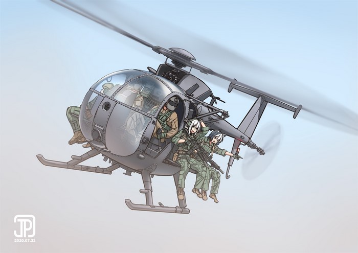 Anime girls with assault rifles in a helicopter