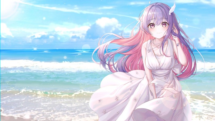 Anime girl in white dress on beach