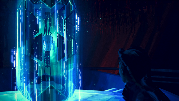 Loba from Apex Legends in a futuristic chamber