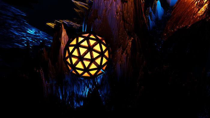 Abstract geometric orb in a dark, rocky landscape