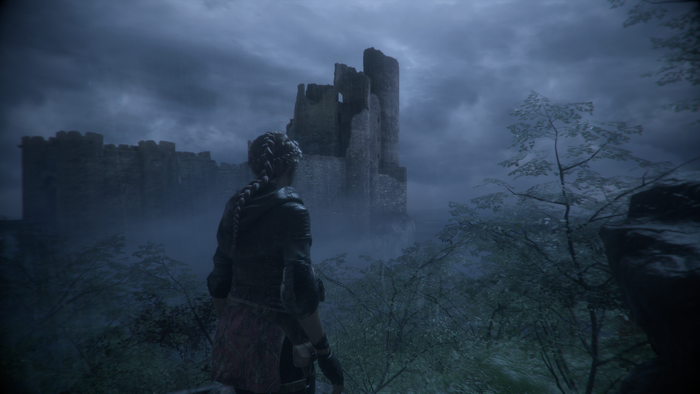 Amicia from A Plague Tale Innocence in front of a castle