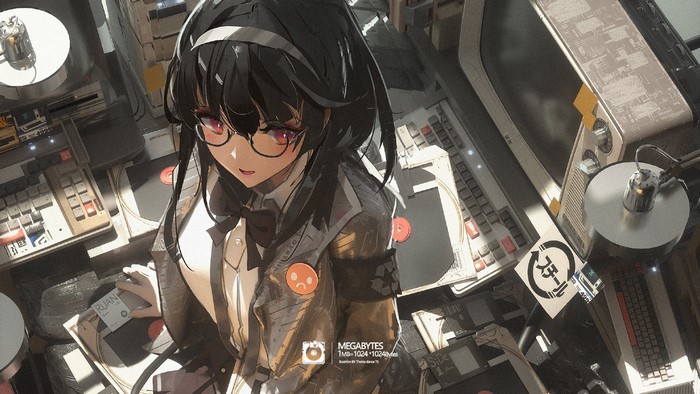 Anime girl with glasses surrounded by vintage computers