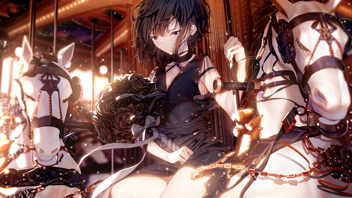 Anime girl with black roses on a carousel