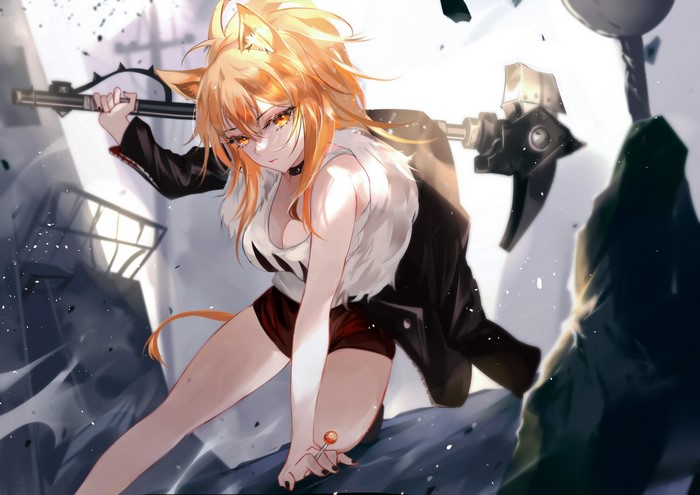 Siege from Arknights holding a weapon