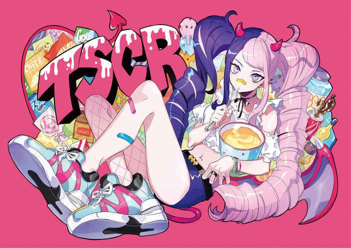 Anime girl with multi-colored twintails and horns eating ice cream