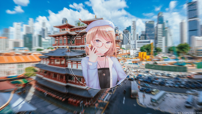 Anime girl in front of Singapore skyline and temple