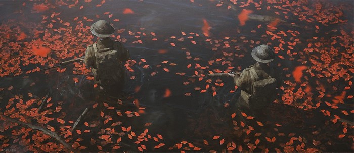 Two soldiers in water with red leaves