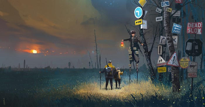 Two travelers and a figure on stilts at a crossroads with many signs at sunset