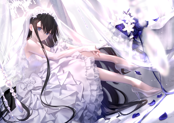 Anime girl in wedding dress with blue eyes and dark hair