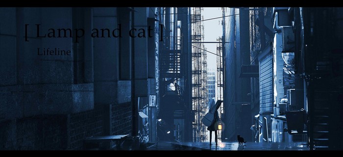 Anime girl with guitar and cat in alleyway with lamp