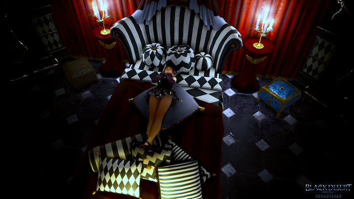 Girl in black corset lying on bed in Black Desert Online