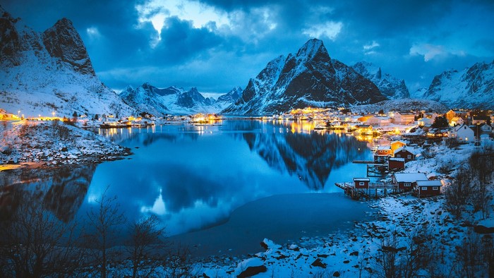 Winter village in Lofoten Islands, Norway at dawn