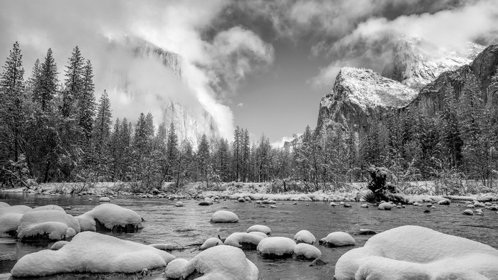 Yosemite National Park in Winter with Snow and Clouds