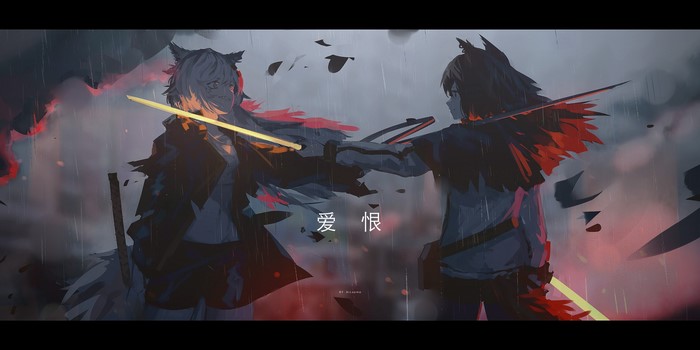 Texas and Lappland from Arknights in the rain