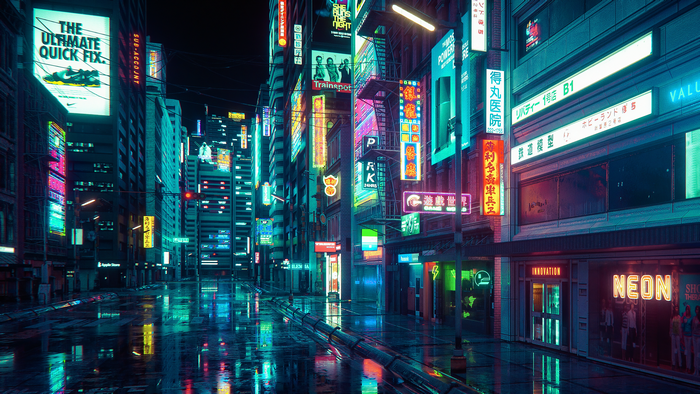Cyberpunk city street at night with neon signs