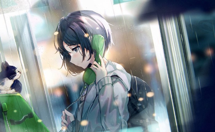 Anime girl talking on a payphone with a cat in the rain