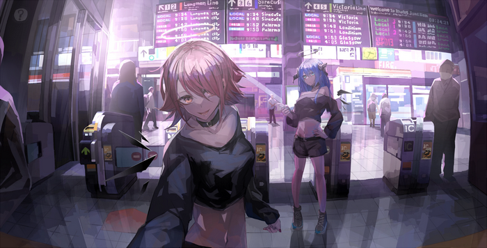 Anime girls at a train station