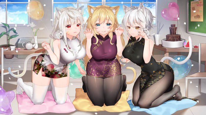 Three cat girls in Chinese dresses at a party