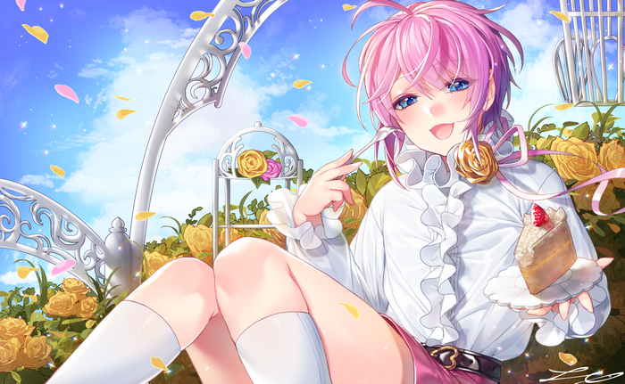 Anime girl with pink hair eating cake in rose garden