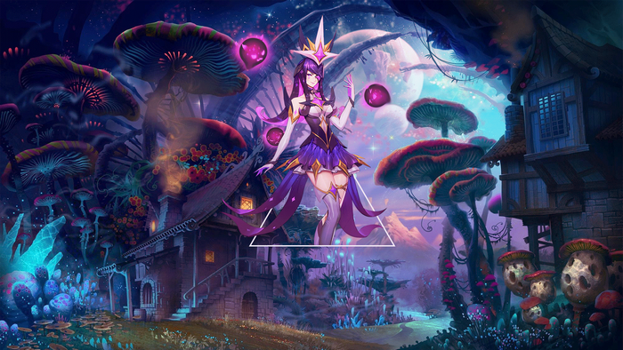 Star Guardian Syndra from League of Legends in a fantasy mushroom forest