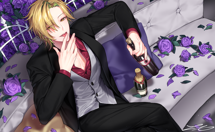 Anime man with blond hair holding wine bottles