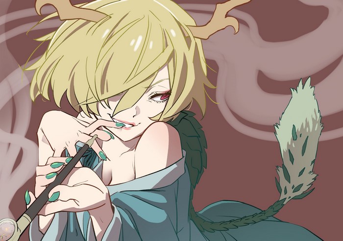 Anime girl with horns smoking a pipe
