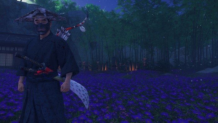 Samurai in Ghost of Tsushima wearing a mask and hat