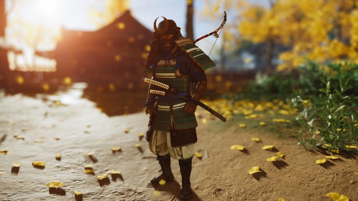 Samurai warrior with bow and swords in Ghost of Tsushima