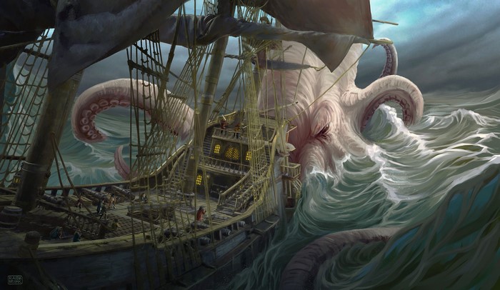 Kraken attacking a ship with tentacles