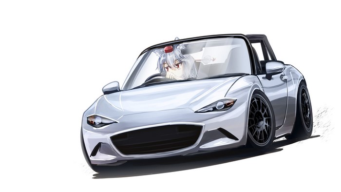 Inubashiri Momiji from Touhou driving a white Mazda MX-5