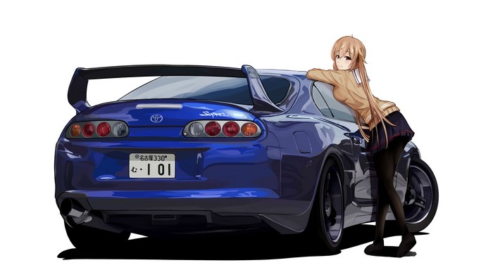 Girl leaning on a blue Toyota Supra MK4