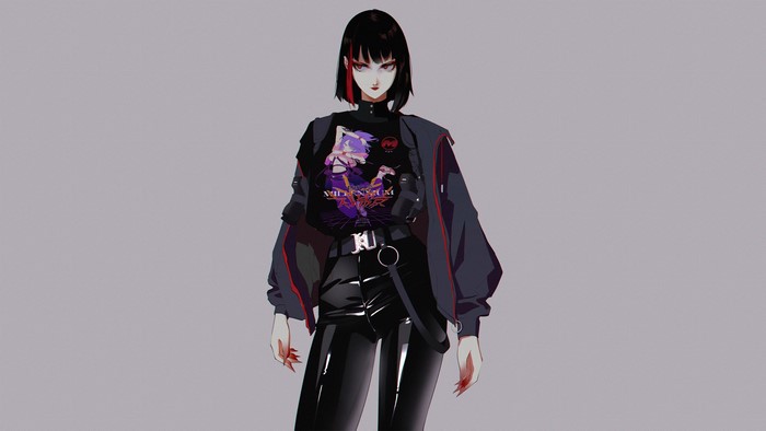 Anime girl with black hair and red eyes wearing a jacket