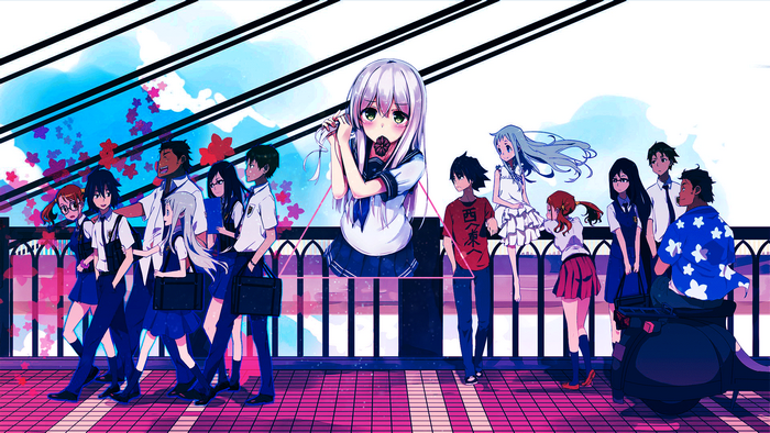 Anime characters on a bridge with cherry blossoms