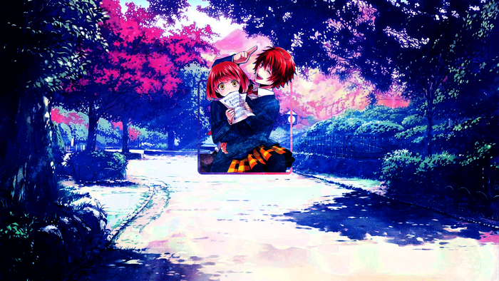 Anime characters holding a paper in a park