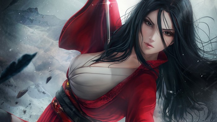 Dongfang Bubai with sword in snowy mountains