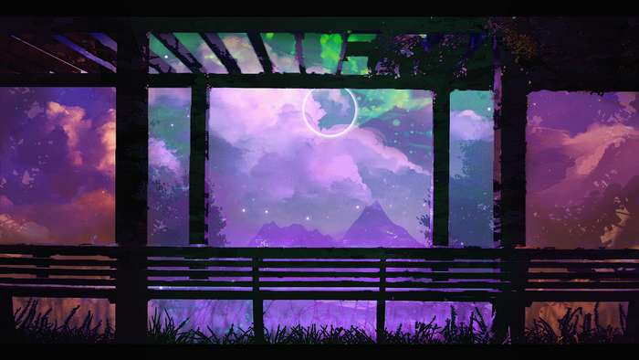 Digital art of a purple galaxy landscape with mountains and clouds
