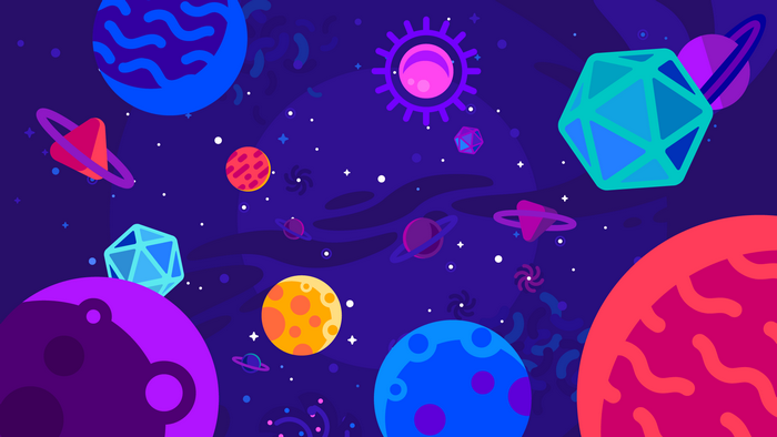 Colorful planets and geometric shapes in space